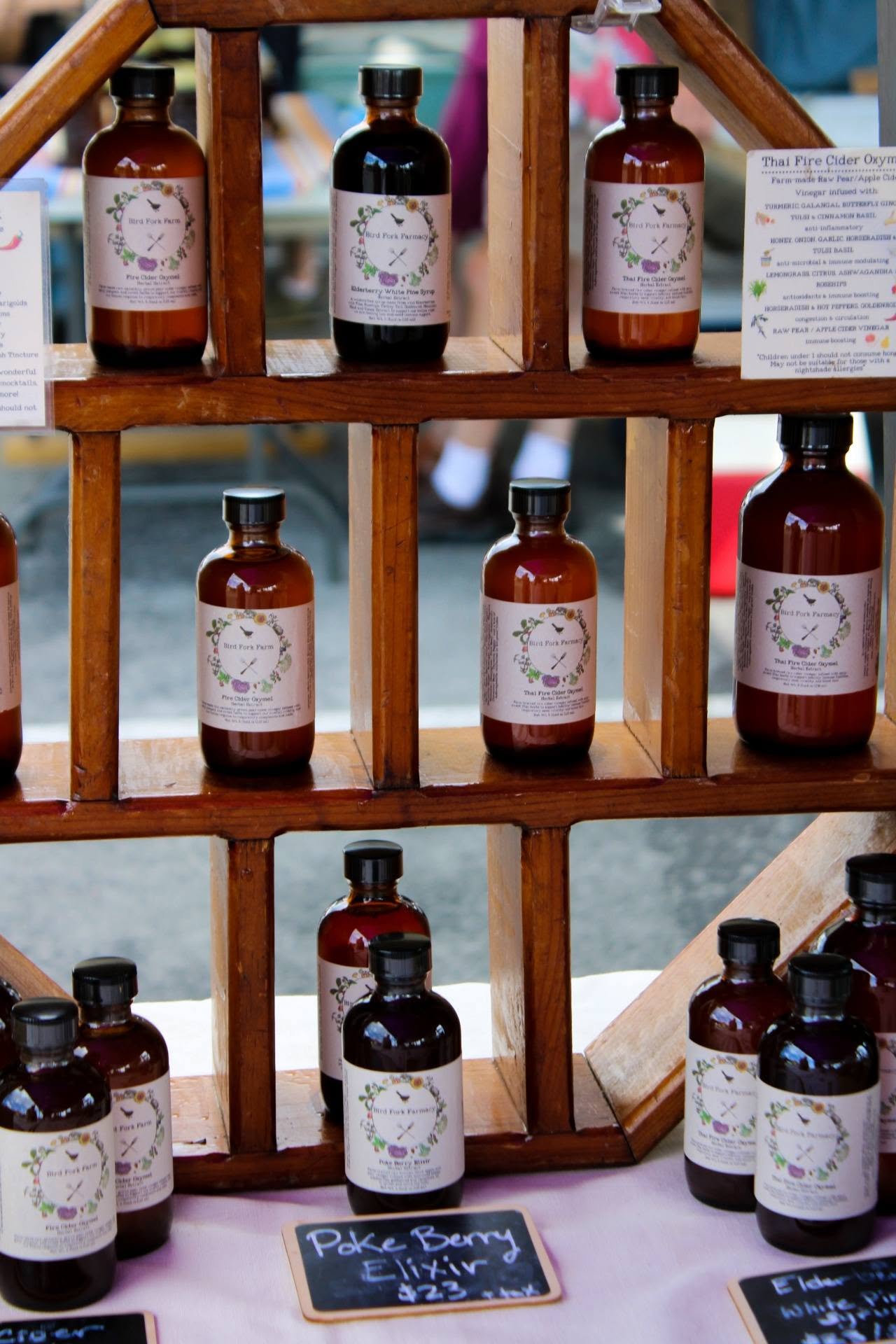 Bird Fork Farmacy herbal tinctures on display